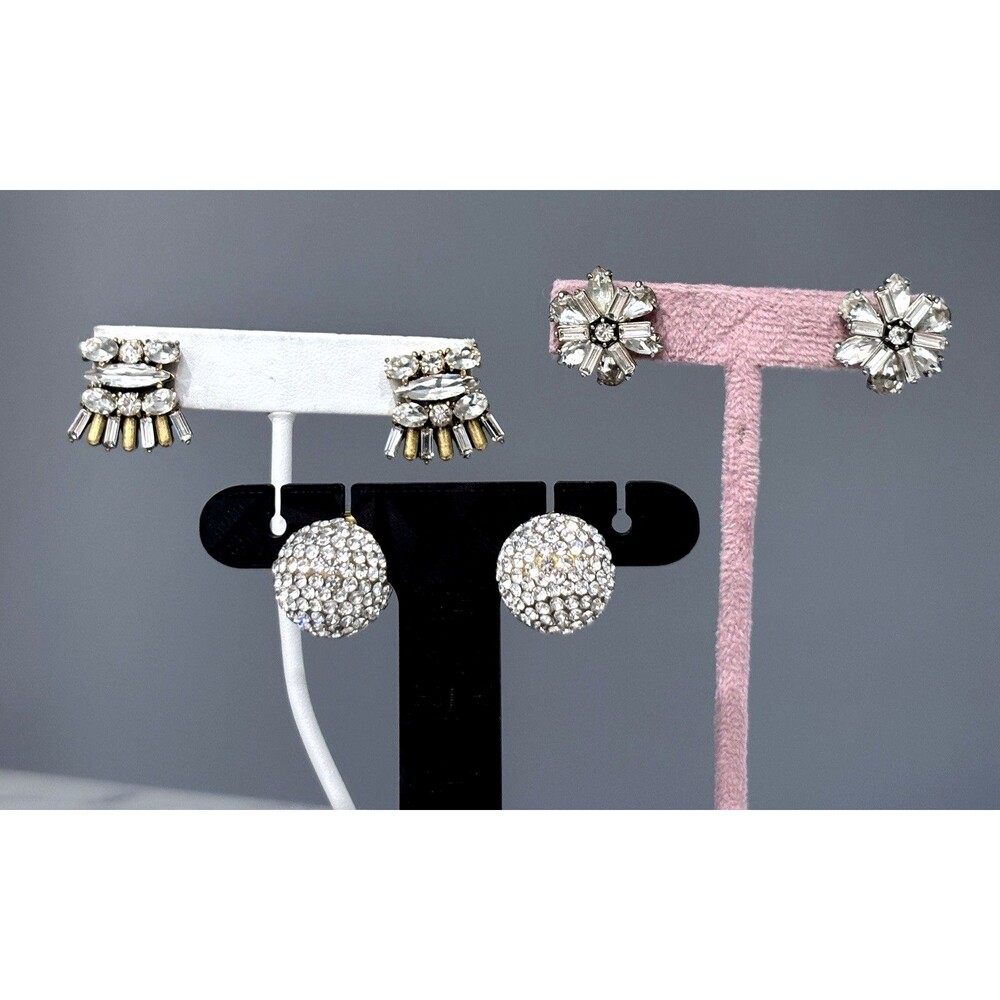 J Crew Earrings Lot Crystal Rhinestone Statement Gold Tone Dome Flower SPARKLE